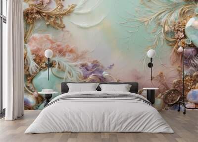 Pastel and gold decorative textures with feathers, stones, and floral accents Wall mural