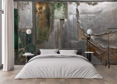 Textured Abstract Metal Sculpture with Green and Brown Hues Wall mural