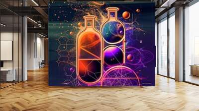 Two abstractly designed glass flasks with colorful liquid in a digital art background Wall mural