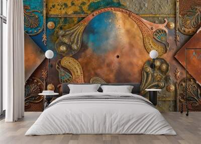 Vintage copper and gold metal background with ornate details. Wall mural