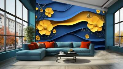 Yellow paper flowers on a blue and yellow wavy background. Wall mural