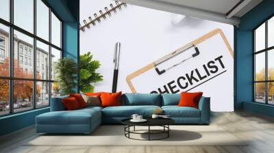 Checklist Word on Clipboard over White Desk. Wall mural