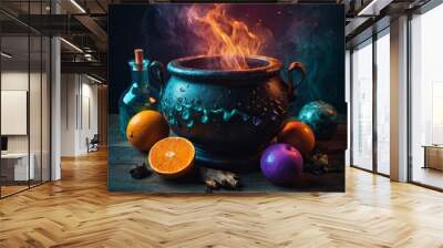 Mystical witch cauldron with magic potion and fruits Wall mural