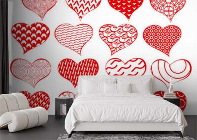 Zen art hearts doodle collection isolated on white background. Saint valentine's day pretty bright red and white template. Trendy set of fill-in heart shapes with various patterns and ornaments. Wall mural