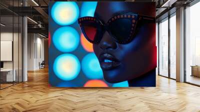 Portrait of a stylish woman wearing polka dot sunglasses against a vibrant bokeh background, highlighting a modern and fashionable look.
 Wall mural