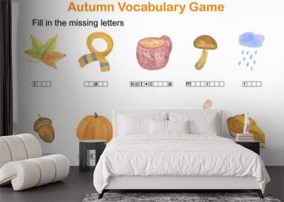 Fill in the missing letters autumn English vocabulary game for kids, leisure activity watercolor illustration worksheet Wall mural