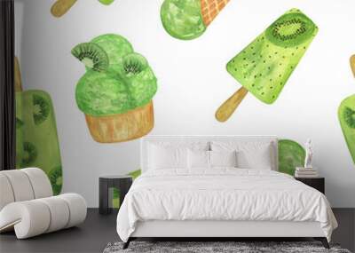 Repeat pattern of kiwi ice cream fruity juice watercolor food illustration, seamless sweet dessert for summer or holiday design, dessert for summer menu design, hand drawn pattern of tasty treat Wall mural