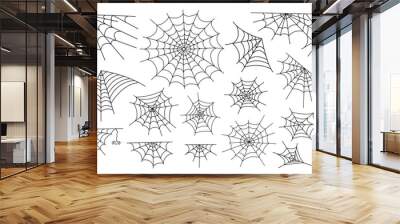 Set of spider web and little hanging spider simple hand drawn vector outline illustration of doodle fancy Halloween scary decor elements, clipart perfect for Halloween party, cartoon spooky character Wall mural