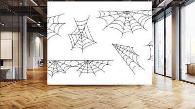 Spider webs set simple hand drawn vector outline illustration of doodle fancy Halloween scary decor elements, clipart perfect for Halloween party design, cartoon spooky character Wall mural