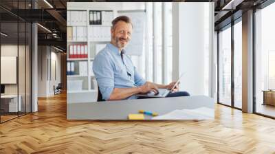 Attractive friendly businessman working in office Wall mural