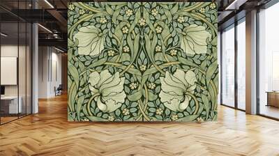  art nouveau floral pattern in green and white. elegant botanical design with stylized flowers and leaves. Wall mural