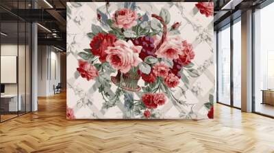 A vintage floral pattern with baskets of pink and red roses, purple grapes and green leaves against a white trellis backdrop. Wall mural