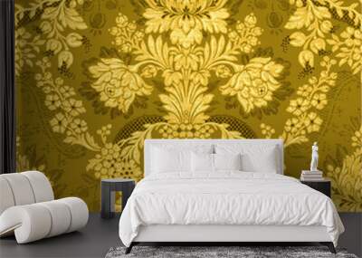 Close-up of a gold damask pattern on a dark green background Wall mural