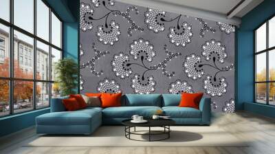 Floral pattern of stylized white dot flowers on a gray textured background. perfect for textiles, wallpaper, and more. Wall mural