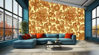 Vintage floral pattern with intricate design in brown and orange on a light yellow background. Wall mural