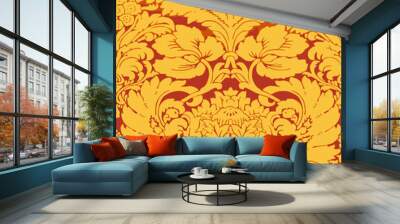 Yellow floral pattern on maroon background. vintage, symmetrical, ornate wallpaper design. Wall mural