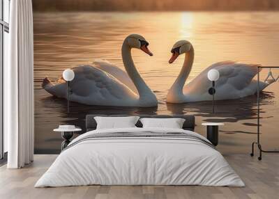 two swans laying on the water in the evening Generative Ai Wall mural