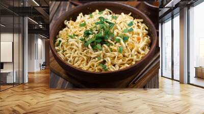 bowl with traditional Chinese noodles and tea on wooden background, closeup Wall mural