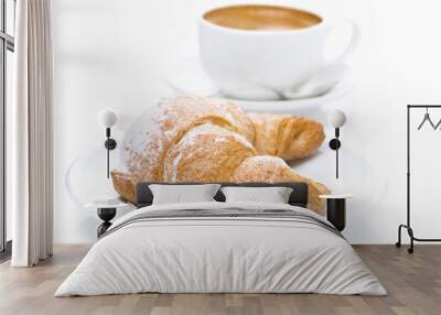 delicious croissant and cup of black coffee, close-up Wall mural