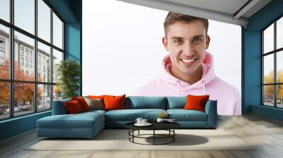 Close-up portrait of handsome, confident blond man with beaming smile and bristle, looking camera assertive, concept of happy assertive people, standing white background enthusiastic Wall mural