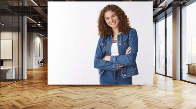 Cute happy redhead teenage girl freckles pimples forehead smiling broadly cross arms chest participating school event hang out friends having fun standing white background positive accomplished Wall mural