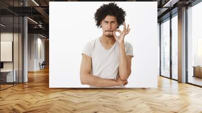 I never say word. Intense and serious attractive hispanic guy with moustache and beard, pursing lips while zipping it with gesture, frowning, promising no to tell secret over gray background Wall mural