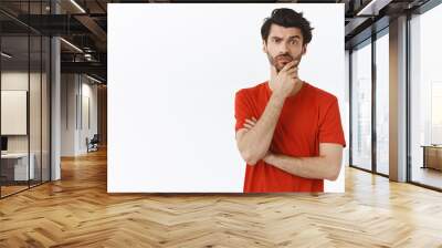 Skeptical serious-looking handsome young man with bristle, rubbing beard and smirk as frowning, looking camera judgemental, thinking, pondering what choice right, making decision, white background Wall mural