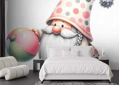 Gnome wearing a pastel pink shirt is playing beach ball. Wall mural