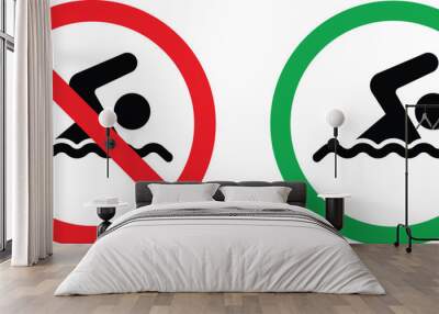 Swimming area and no swimming signs in red and green colors . Swim zone icon and swimming not allowed icon . Vector illustration Wall mural