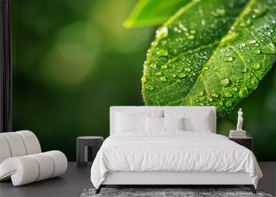 close up the green leaf with dew and copy space Wall mural