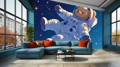 illustration of a teddy bear wearing an astronaut suit floating in space with copy space Wall mural