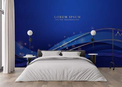 Blue background with golden lines, blue ribbon, glitter light effect and bokeh decoration. Luxury style design template concept Wall mural