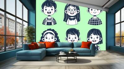 Collection avatars of children outline. Cute faces of different nationalities boys and girls Wall mural