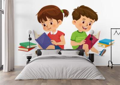 Cute boy and girl are relaxing and enjoying reading books Wall mural