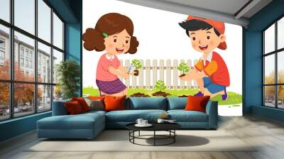 Cute boy and girl happy planting tree. Vector illustration Wall mural