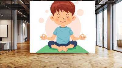 Cute boy sitting cross-legged and meditating in yoga pose, calm and relaxed Wall mural