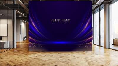 Dark blue luxury background with golden lines, curve light and glittering light effects elements. Elegant style vector design Wall mural