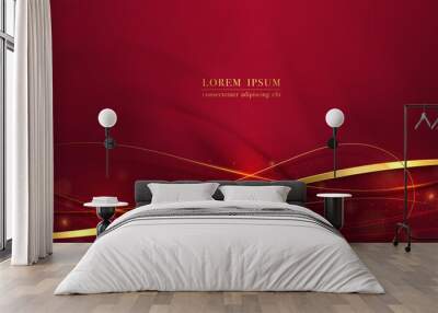 Gold ribbon, line, glitter light effect, and bokeh design on red luxury background Wall mural