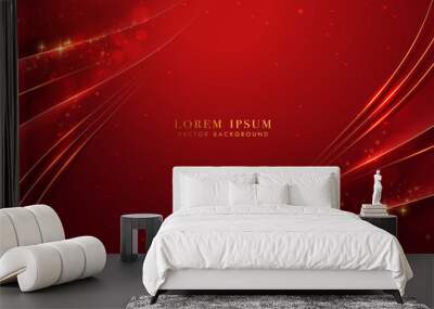 Golden lines with curve light, sparkle glowing effect and bokeh elements. Red luxury background style vector design Wall mural