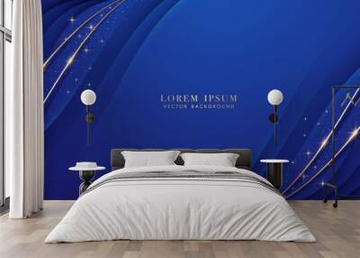 Golden lines with glitter light effect and curve decoration on blue background. Luxury style design concept Wall mural