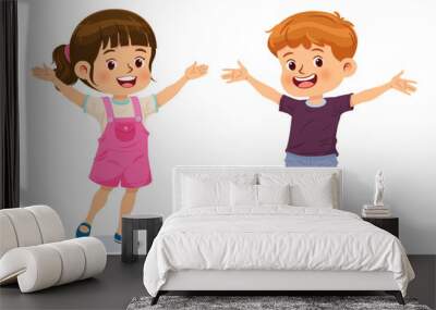 Little boy and girl stand holding their hands up and smiling together Wall mural