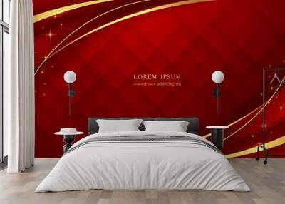 Luxurious golden curve line with glittering light on red abstract background. Vector illustration Wall mural