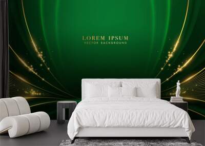 Luxury golden lines with curve light, glittering light effects elements. Green elegant background style vector design Wall mural