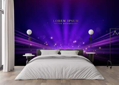 Purple rays and pink light beame with glitter light, sparkle glowing shiny dots effect, and bokeh decoration. Vector background Wall mural