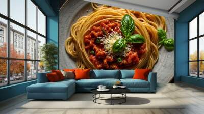 a plate of spaghetti with tomato sauce Wall mural