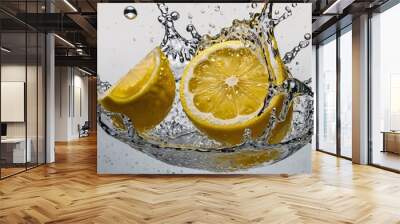 A sliced lemon splashing into water Wall mural