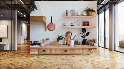 wooden rustic kitchen table. minimalistic interior, utencils on the table Wall mural