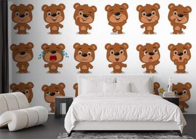 Big set of funny teddy bear in cartoon style in different standing poses and emotions isolated on white background Wall mural