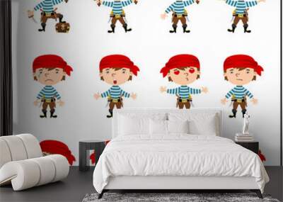 Collection of funny pirate in cartoon style in different poses and emotions isolated on white background Wall mural