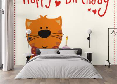 cute kitten with birthday cake, handwritten text, happy birthday card Wall mural